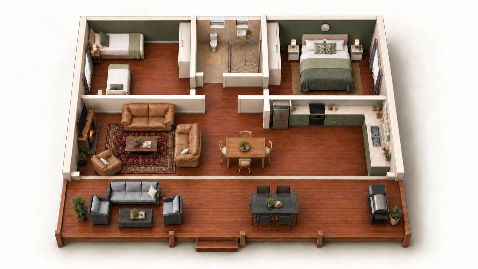 3D cutaway of House 3: twin bedroom, shared bathroom and master bedroom across the back, lounge, dining and kitchen across the front, and a full-width timber deck, in olive finishes