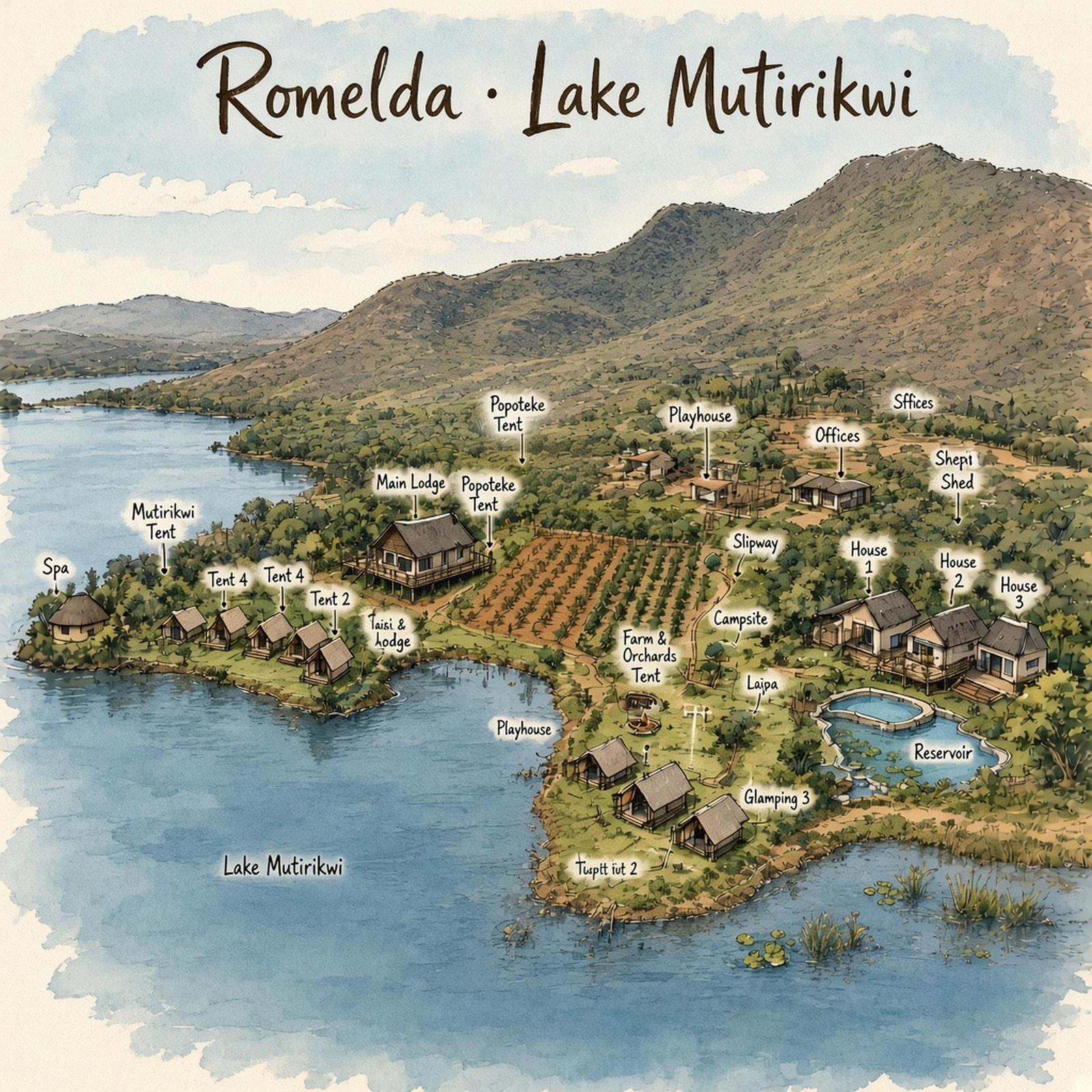 Hand-drawn map of Romelda on Lake Mutirikwi showing the lodge shoreline, tents, orchards, and Woodlands Romelda residences