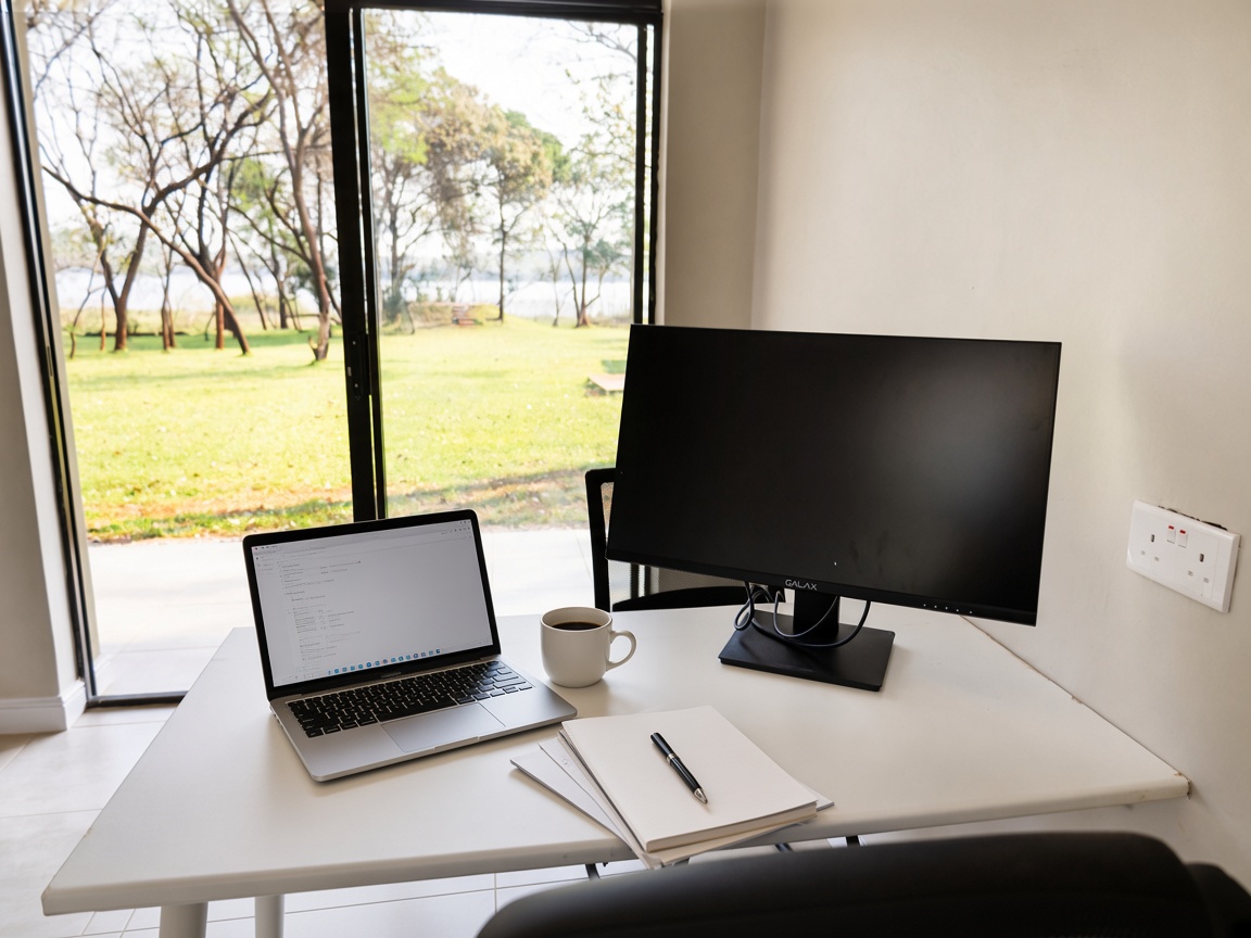 Office desk with laptop, coffee, and papers overlooking the woodland